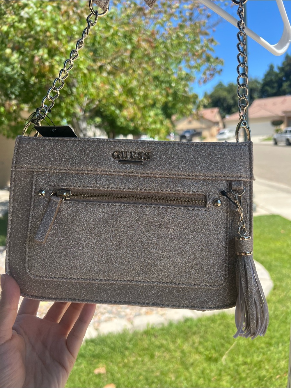 GUESS Metallic Taupe Crossbody with Chain Strap and Tassel Accent